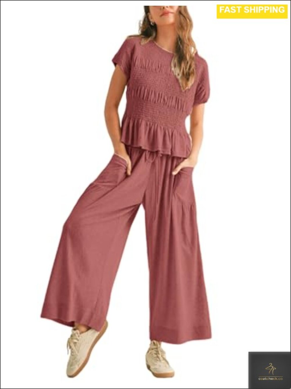 Smocked Lounge Set Wide Leg Pants Pockets Boho 2 Piece